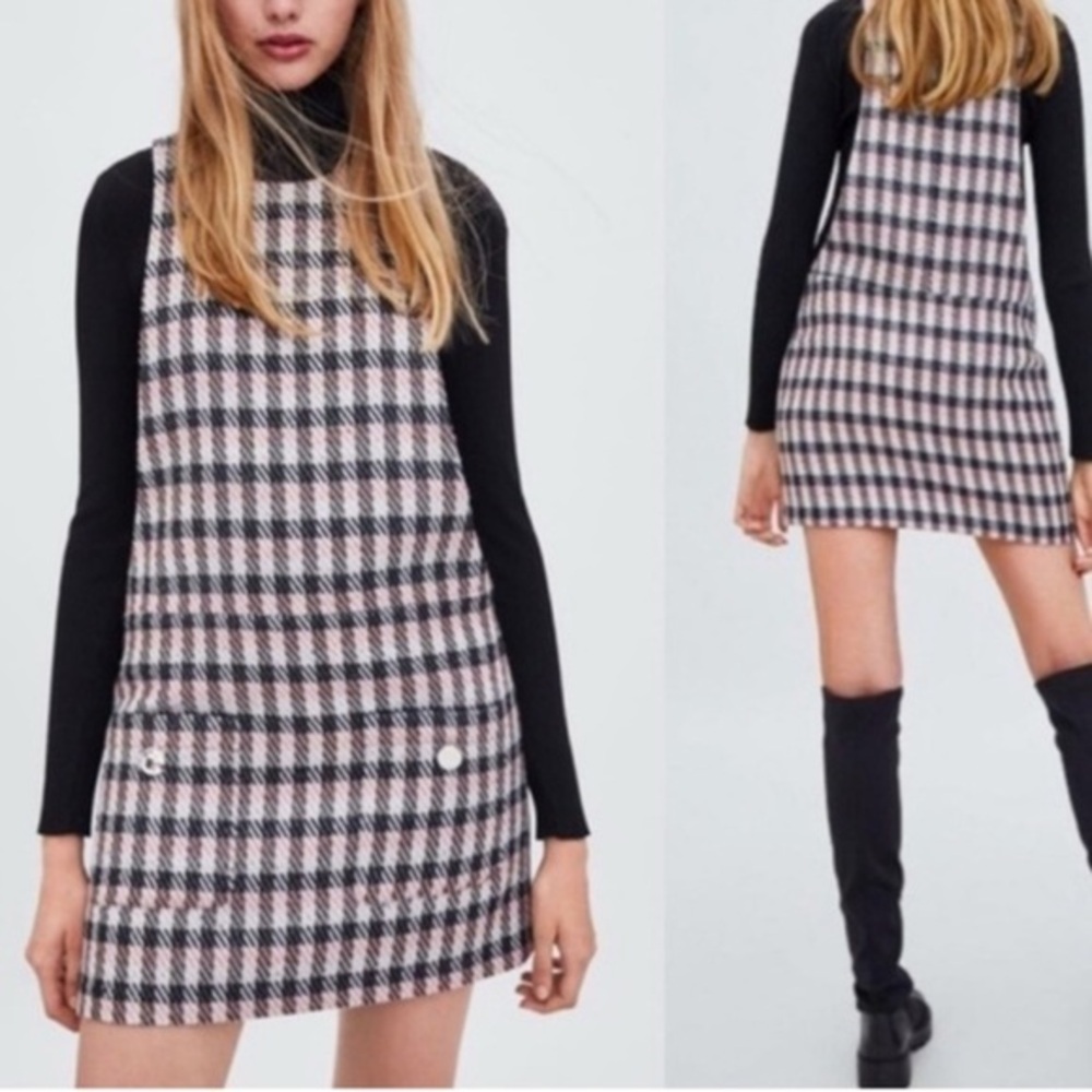 Zara Plaid Mini Dress Tweed Pinafore Jumper Striking Plaid Size Medium
